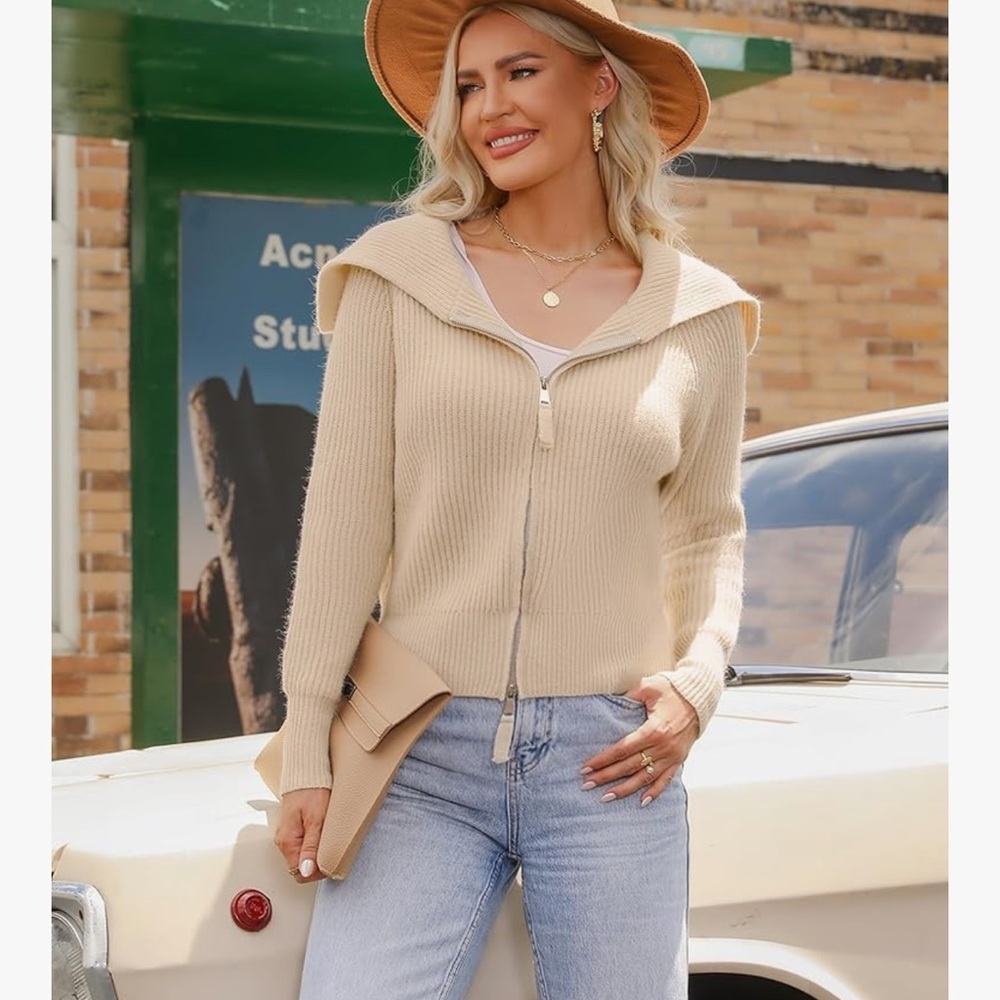 AMAZON Brand Zip Up Sweater Jacket Knit Sweater Lapel Cropped Cardigan SZ XL